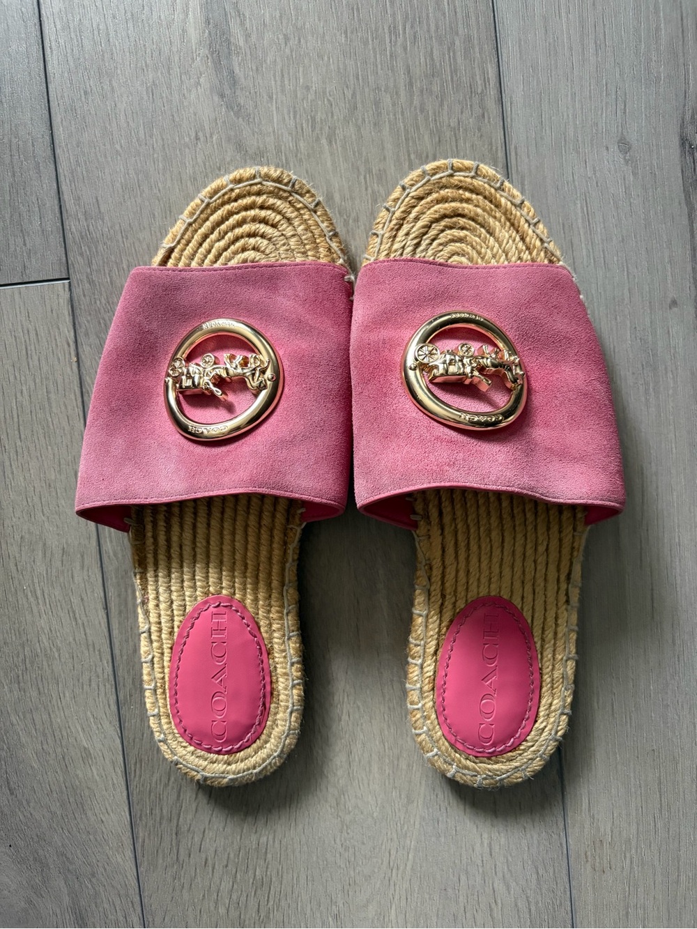 Coach Pink Suede Slide Sandals with Gold Logo Medallions